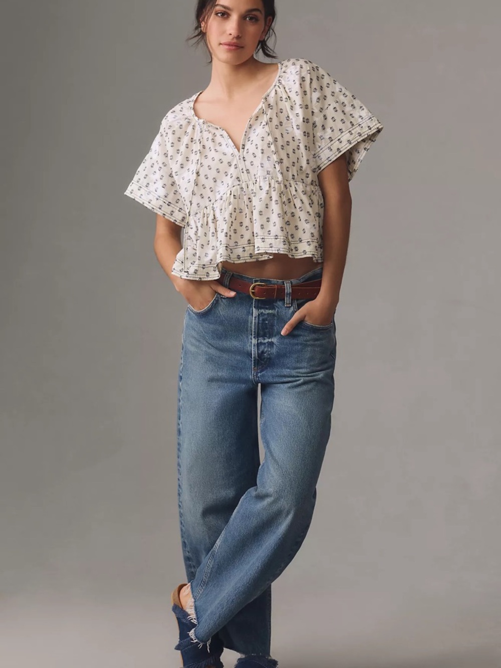 Lightweight White Peplum Top with Blue Floral Print - Picture 6 of 9